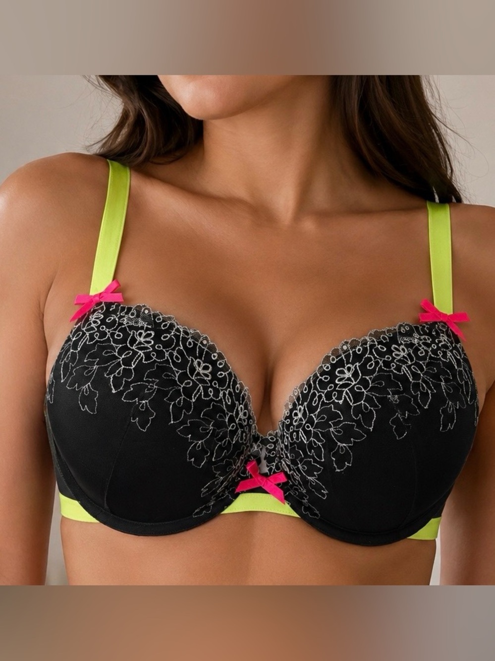 Cacique Black Lace Bra with Neon Green Straps and Pink Bows